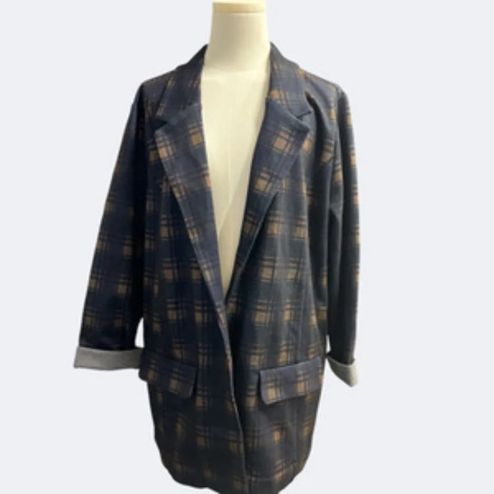 Liverpool Blazer Women 1X Navy Brown Tartan Plaid Relaxed Boyfriend Flap Pockets